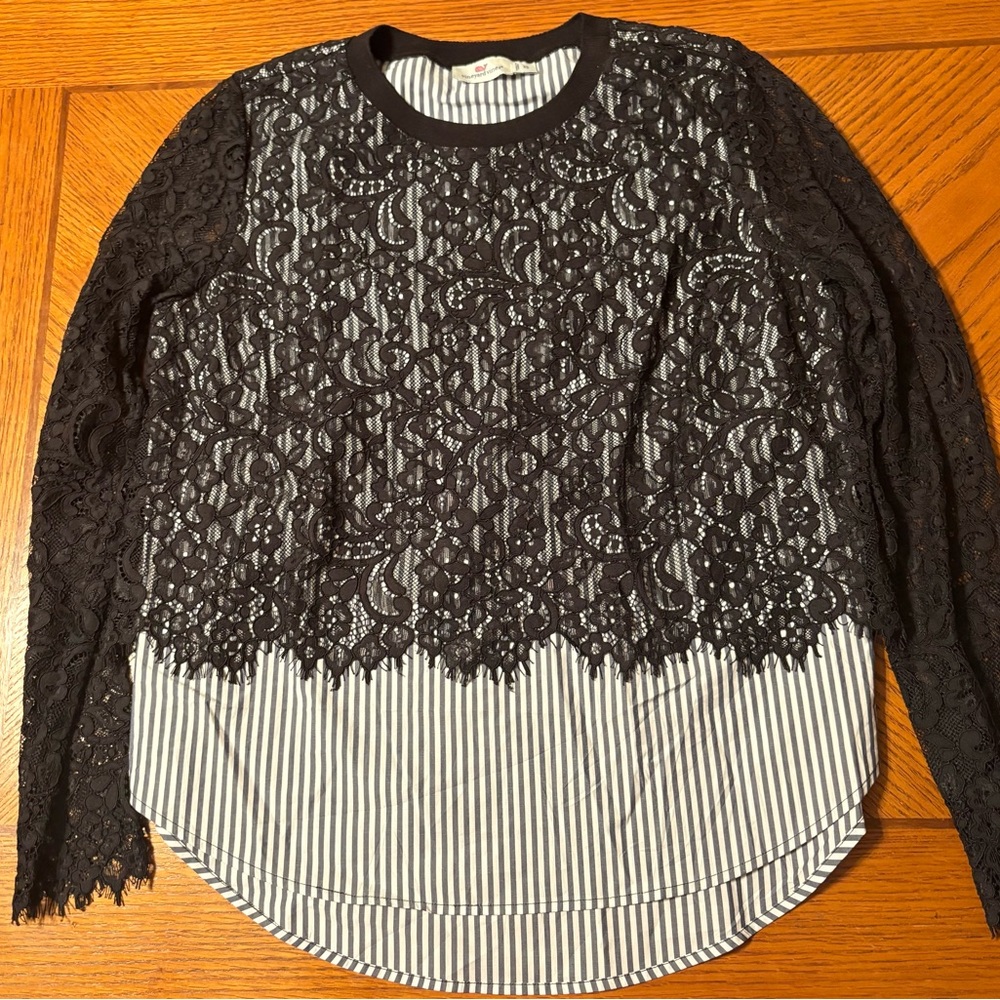 Vineyard Vines Black Lace overlay Blouse with Striped Underlay size XS